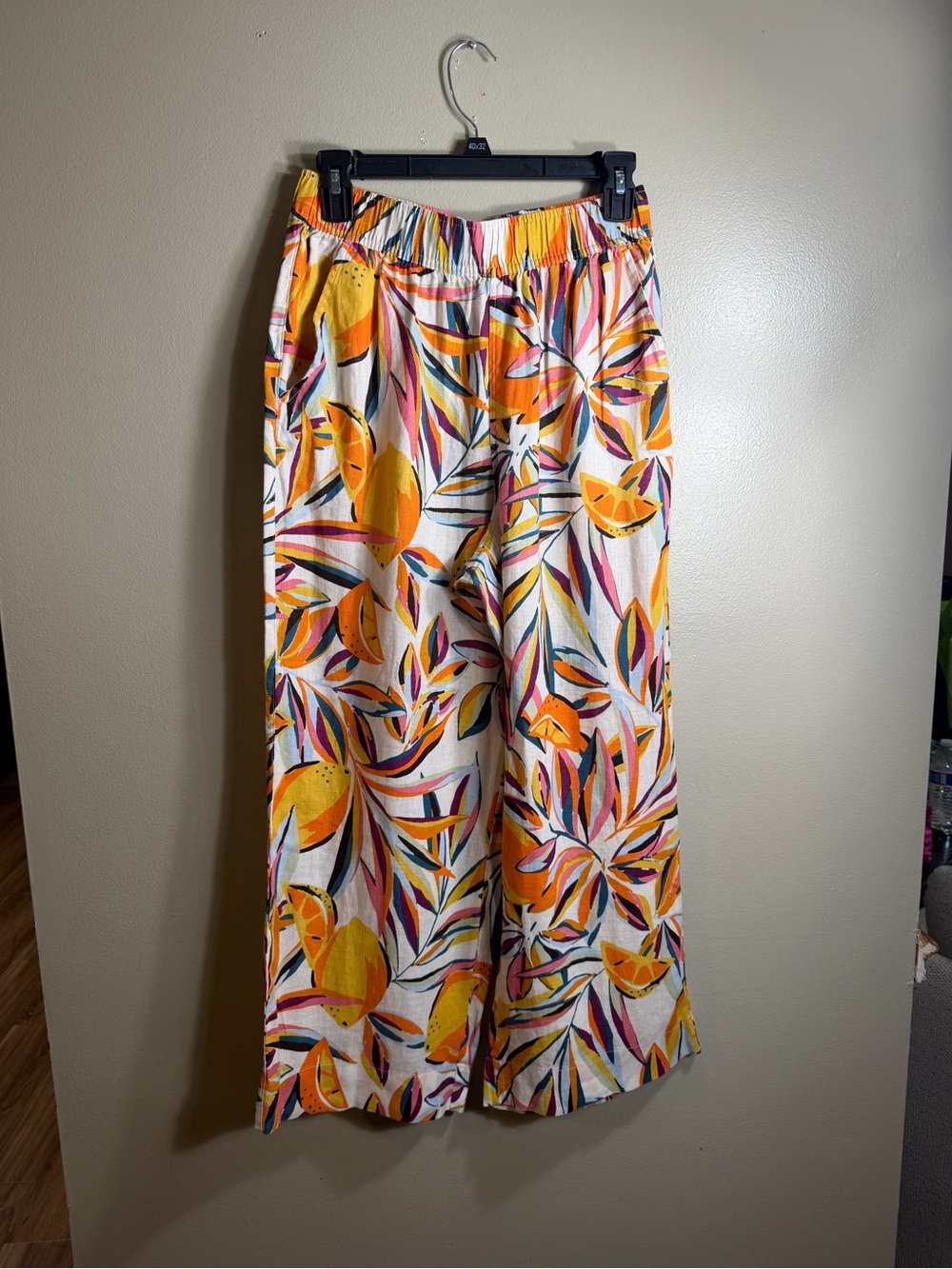 Wide Leg Linen Tropical Orange Print Crop Pants